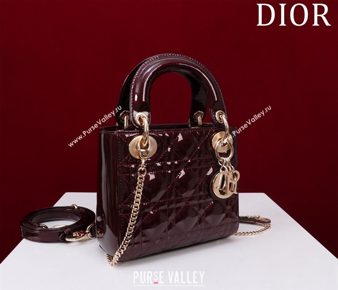 Dior Mini Lady Dior Bag in Patent Cannage Leather Burgundy 2024 M0505 (XXG-240219047)