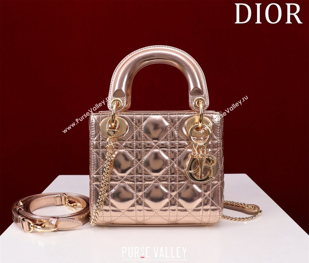 Dior Mini Lady Dior Bag in Metallic Cannage Leather Rose Gold 2024 M0505 (XXG-240219053)