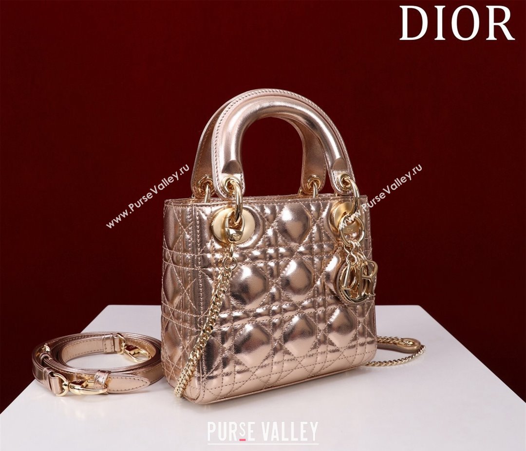 Dior Mini Lady Dior Bag in Metallic Cannage Leather Rose Gold 2024 M0505 (XXG-240219053)