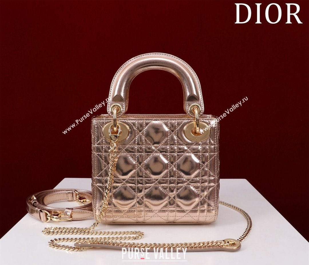 Dior Mini Lady Dior Bag in Metallic Cannage Leather Rose Gold 2024 M0505 (XXG-240219053)