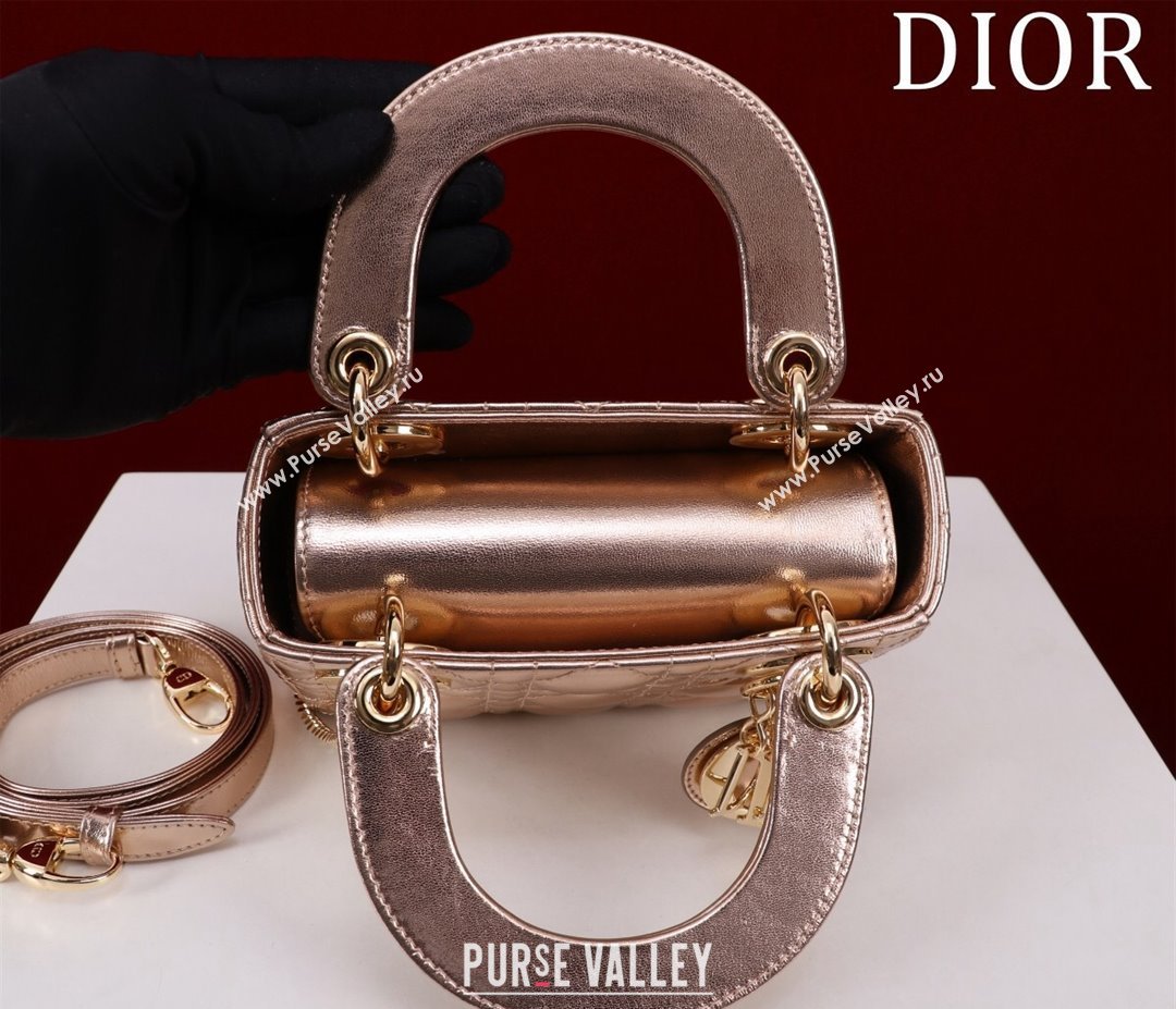 Dior Mini Lady Dior Bag in Metallic Cannage Leather Rose Gold 2024 M0505 (XXG-240219053)