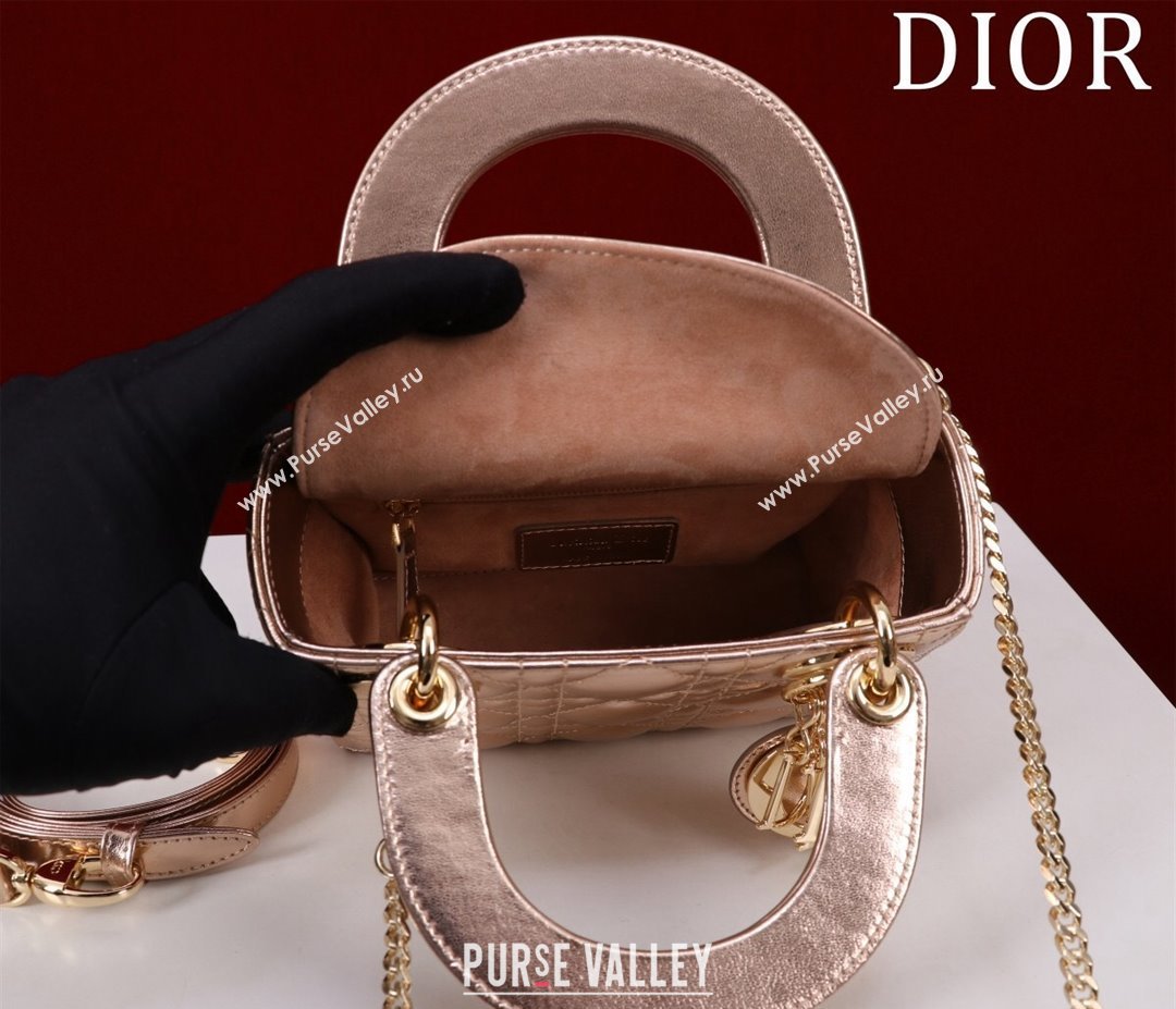 Dior Mini Lady Dior Bag in Metallic Cannage Leather Rose Gold 2024 M0505 (XXG-240219053)