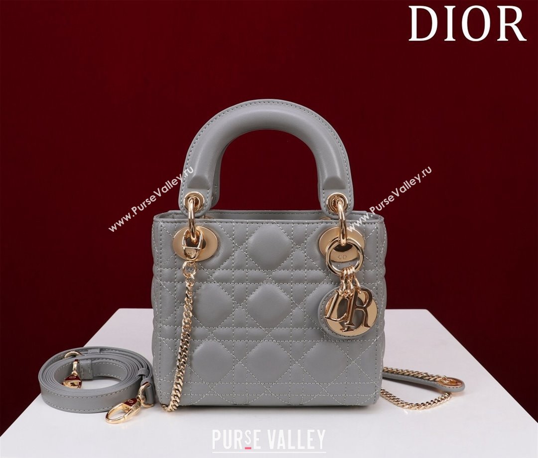 Dior Mini Lady Dior Bag in Cannage Lambskin Grey/Gold 2024 M0505 (XXG-240219055)