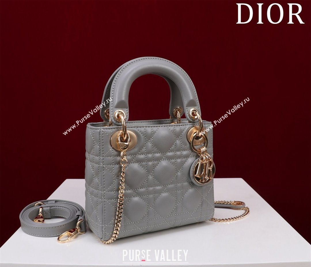 Dior Mini Lady Dior Bag in Cannage Lambskin Grey/Gold 2024 M0505 (XXG-240219055)