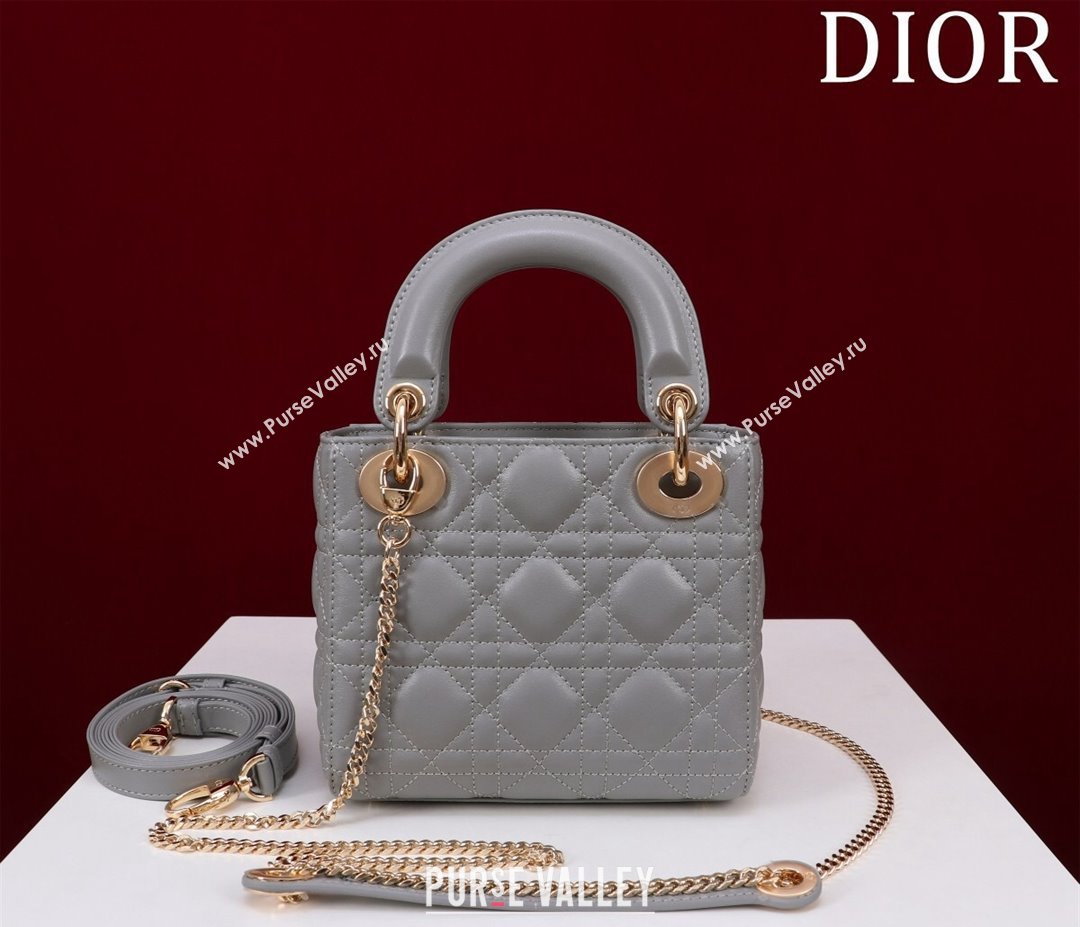 Dior Mini Lady Dior Bag in Cannage Lambskin Grey/Gold 2024 M0505 (XXG-240219055)