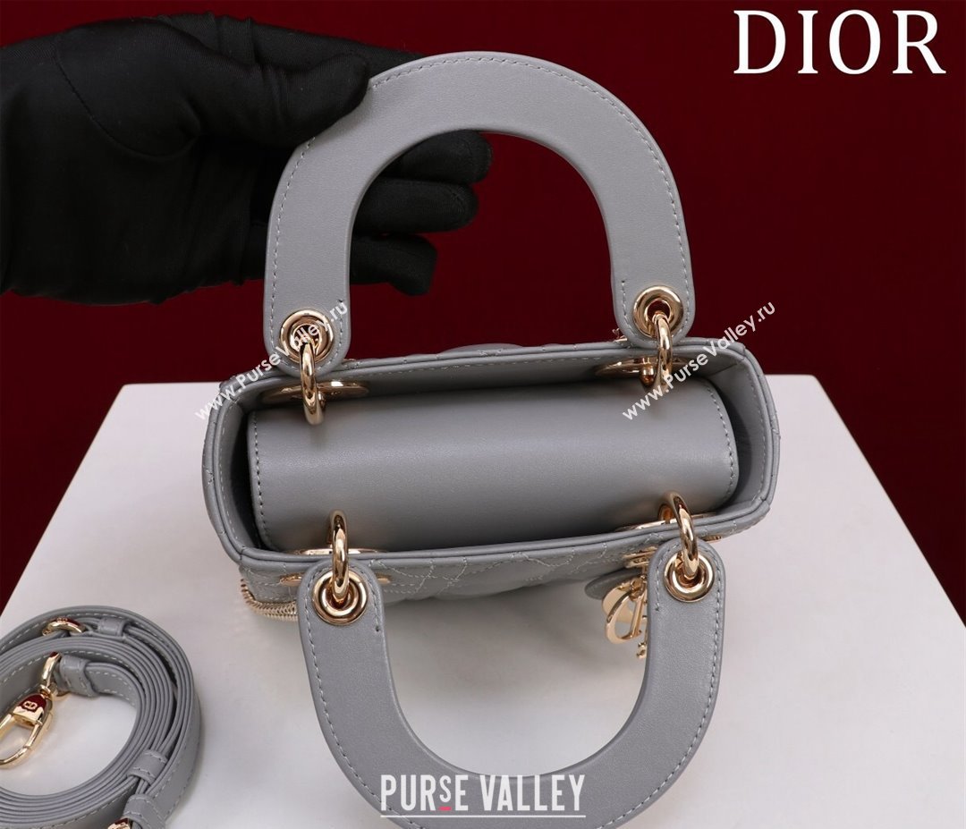 Dior Mini Lady Dior Bag in Cannage Lambskin Grey/Gold 2024 M0505 (XXG-240219055)