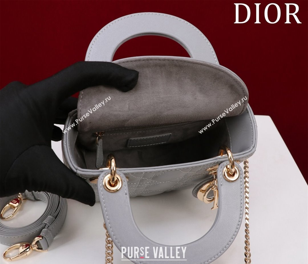 Dior Mini Lady Dior Bag in Cannage Lambskin Grey/Gold 2024 M0505 (XXG-240219055)