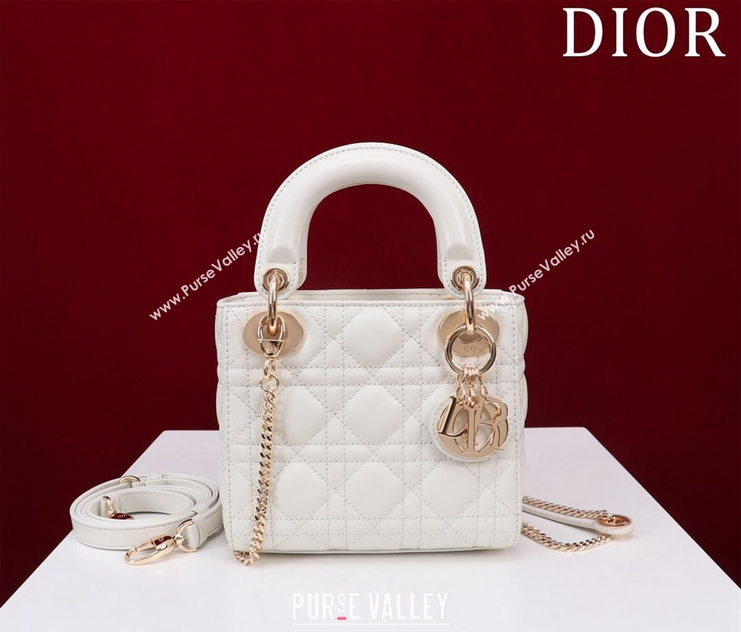 Dior Mini Lady Dior Bag in Cannage Lambskin White/Gold 2024 M0505 (XXG-240219057)