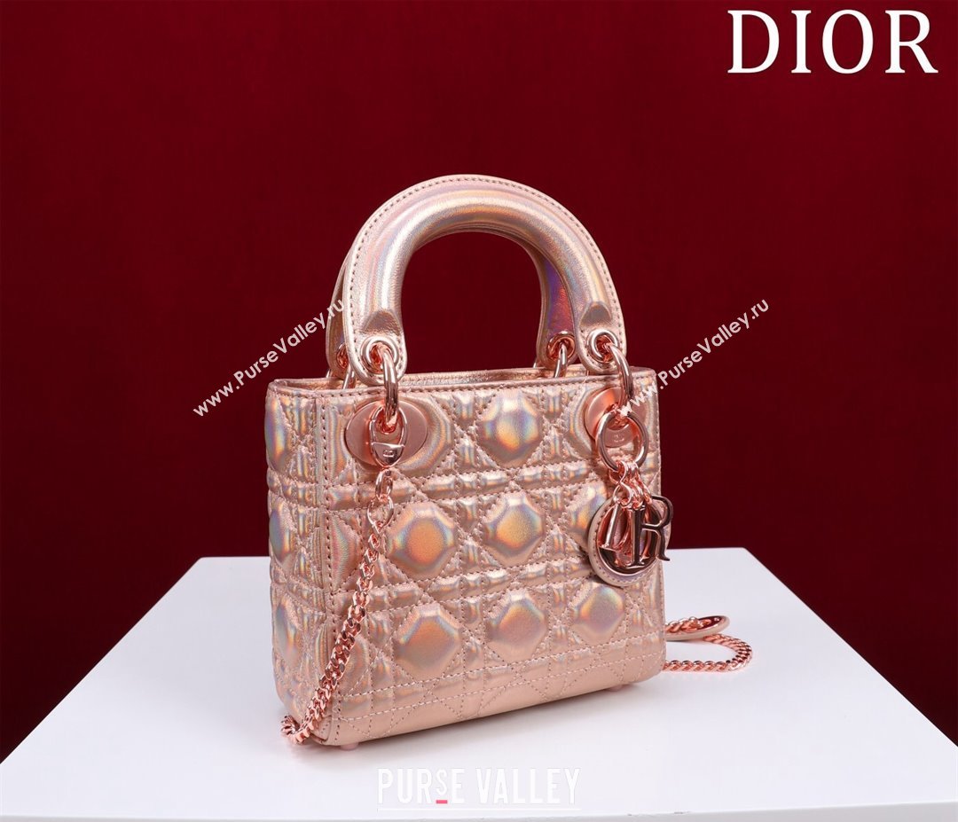 Dior Mini Lady Dior Bag in Iridescent Metallic Cannage Leather Rose 2024 M0505 (XXG-240219063)