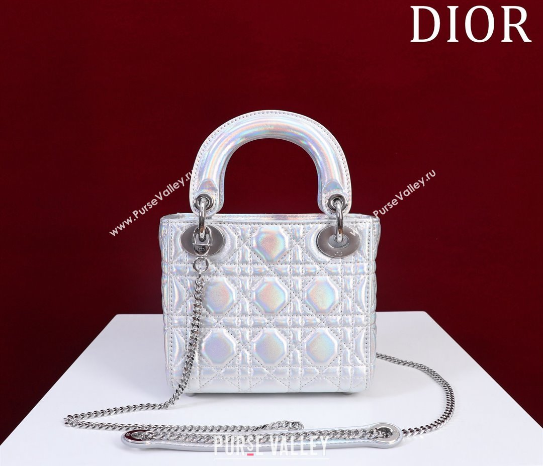 Dior Mini Lady Dior Bag in Iridescent Metallic Leather White 2023 (XXG-240219064)