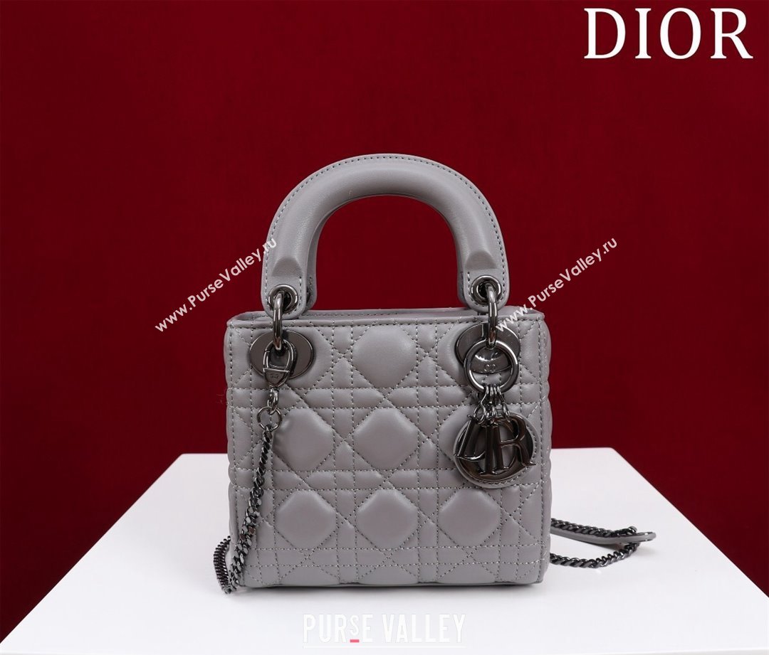 Dior Mini Lady Dior Bag in Cannage Lambskin Grey/Gunmetal 2024 M0505 (XXG-240219070)