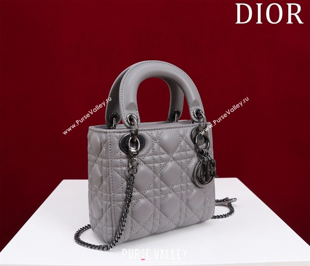 Dior Mini Lady Dior Bag in Cannage Lambskin Grey/Gunmetal 2024 M0505 (XXG-240219070)