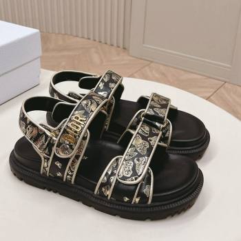Dior Dioract Flat Strap Sandal in Gold-Tone and Black Butterfly Zodiac Calfskin 2024 (MD-240226053)