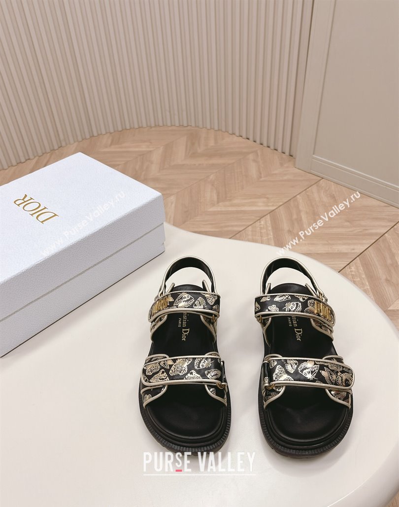 Dior Dioract Flat Strap Sandal in Gold-Tone and Black Butterfly Zodiac Calfskin 2024 (MD-240226053)