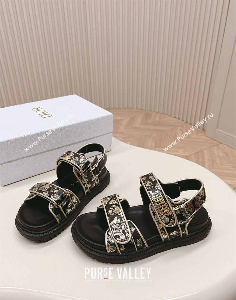 Dior Dioract Flat Strap Sandal in Gold-Tone and Black Butterfly Zodiac Calfskin 2024 (MD-240226053)