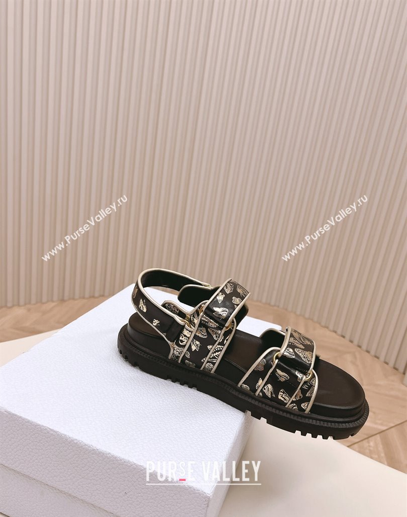 Dior Dioract Flat Strap Sandal in Gold-Tone and Black Butterfly Zodiac Calfskin 2024 (MD-240226053)