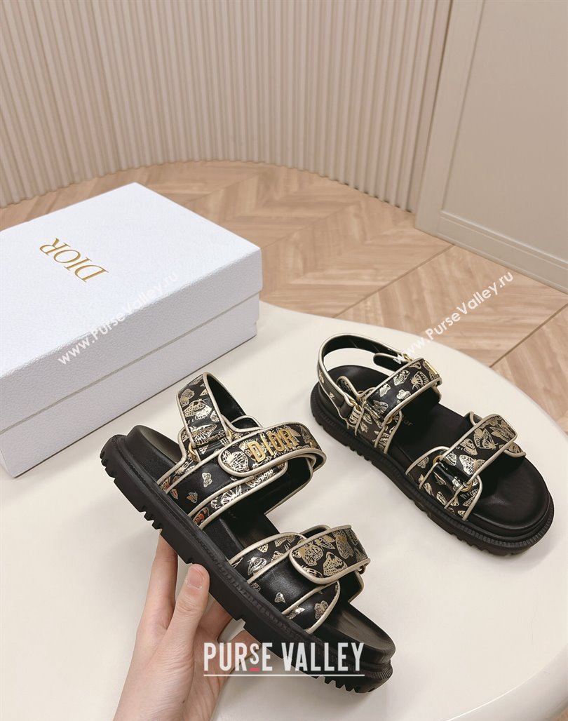 Dior Dioract Flat Strap Sandal in Gold-Tone and Black Butterfly Zodiac Calfskin 2024 (MD-240226053)