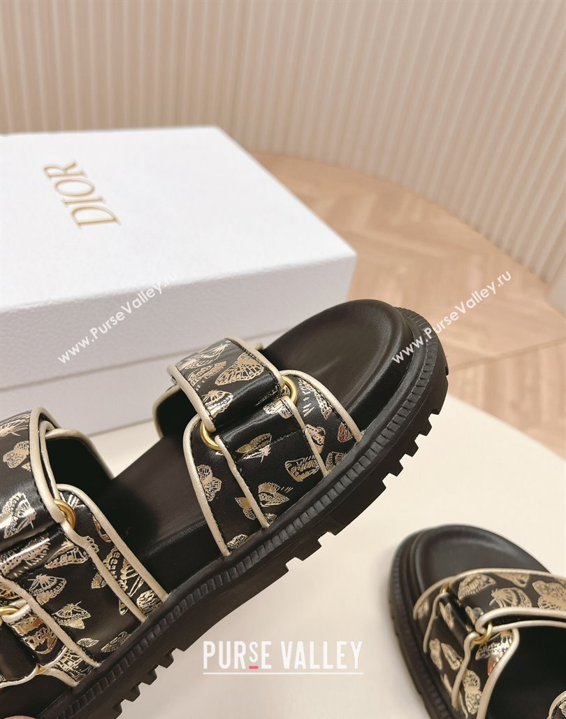 Dior Dioract Flat Strap Sandal in Gold-Tone and Black Butterfly Zodiac Calfskin 2024 (MD-240226053)