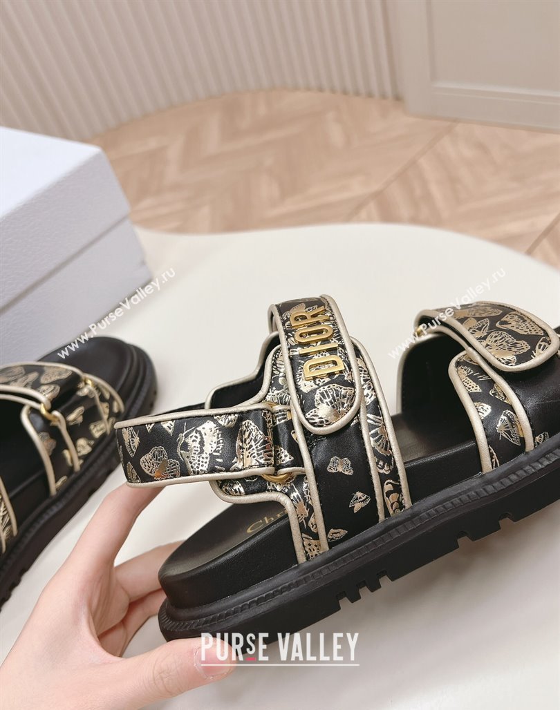 Dior Dioract Flat Strap Sandal in Gold-Tone and Black Butterfly Zodiac Calfskin 2024 (MD-240226053)