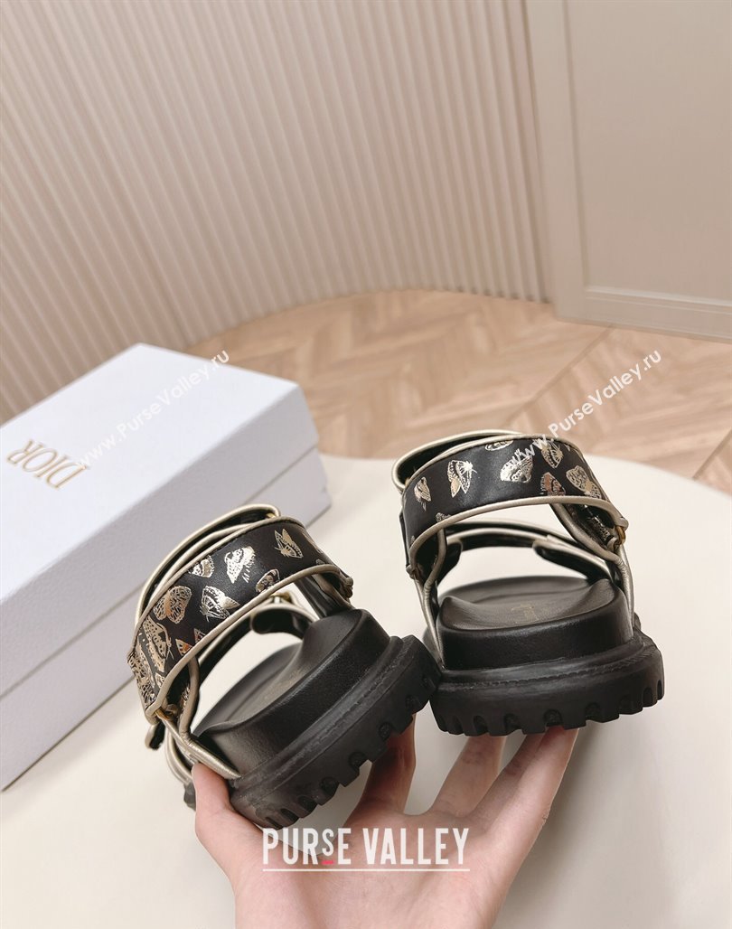Dior Dioract Flat Strap Sandal in Gold-Tone and Black Butterfly Zodiac Calfskin 2024 (MD-240226053)