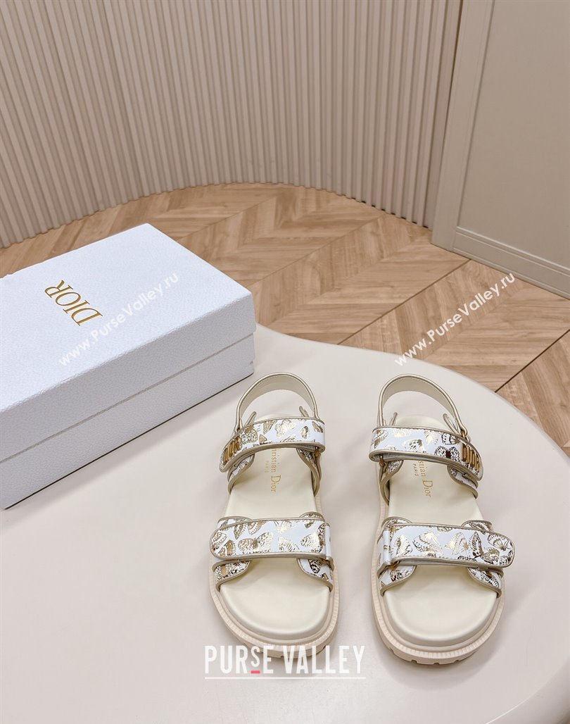 Dior Dioract Flat Strap Sandal in Gold-Tone and White Butterfly Zodiac Calfskin 2024 (MD-240226054)