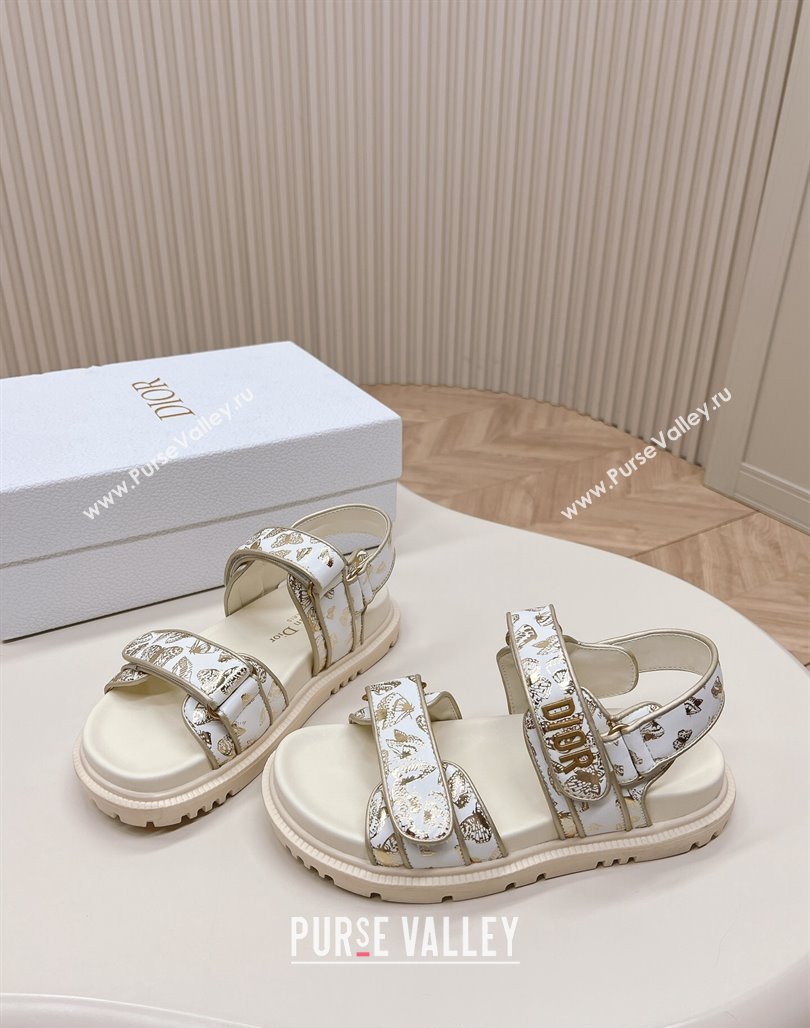 Dior Dioract Flat Strap Sandal in Gold-Tone and White Butterfly Zodiac Calfskin 2024 (MD-240226054)