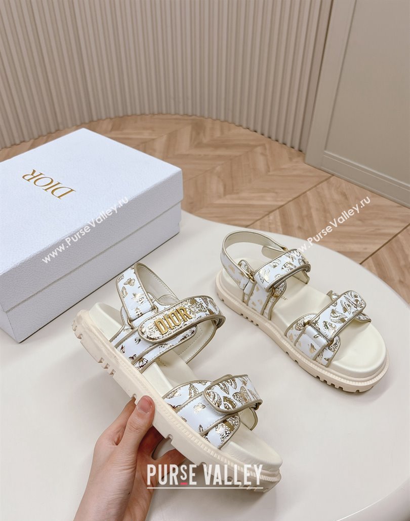 Dior Dioract Flat Strap Sandal in Gold-Tone and White Butterfly Zodiac Calfskin 2024 (MD-240226054)