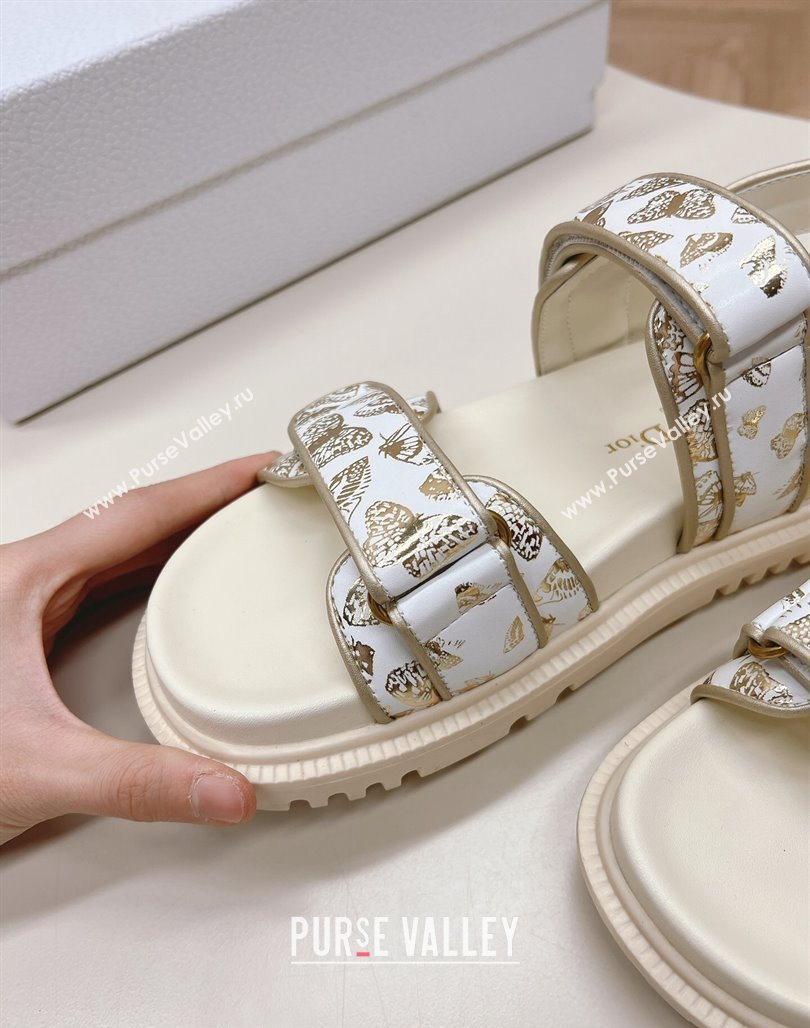 Dior Dioract Flat Strap Sandal in Gold-Tone and White Butterfly Zodiac Calfskin 2024 (MD-240226054)