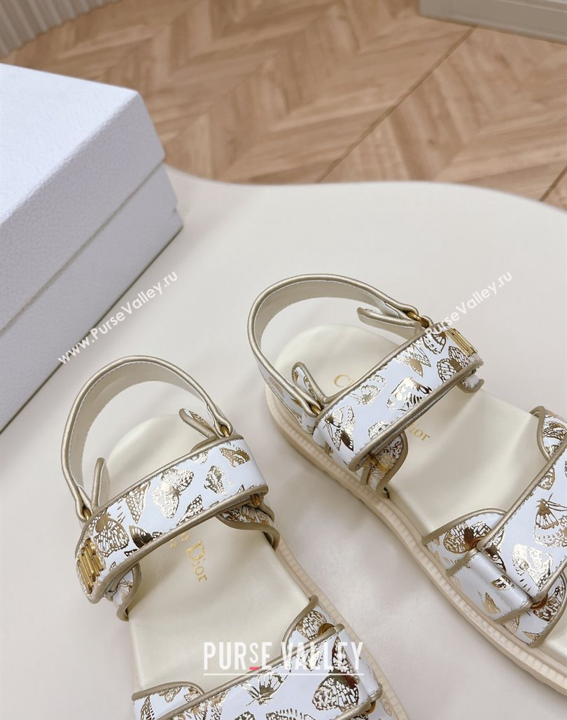 Dior Dioract Flat Strap Sandal in Gold-Tone and White Butterfly Zodiac Calfskin 2024 (MD-240226054)