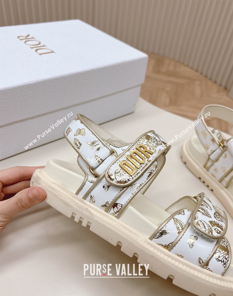 Dior Dioract Flat Strap Sandal in Gold-Tone and White Butterfly Zodiac Calfskin 2024 (MD-240226054)