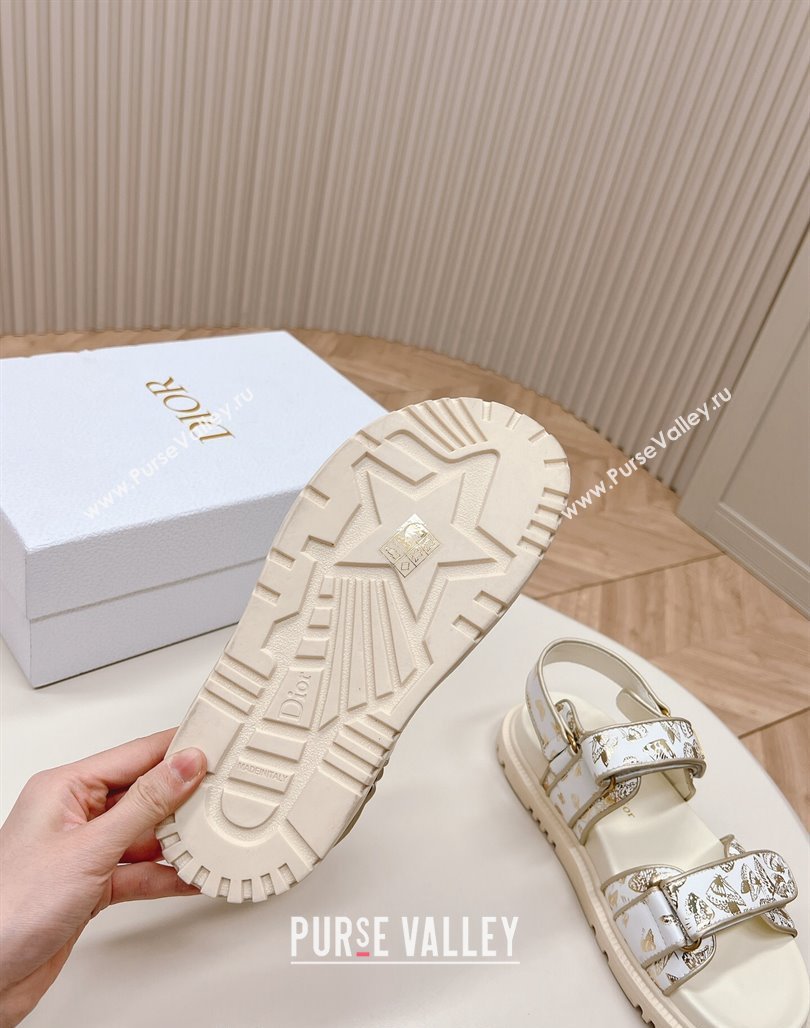 Dior Dioract Flat Strap Sandal in Gold-Tone and White Butterfly Zodiac Calfskin 2024 (MD-240226054)
