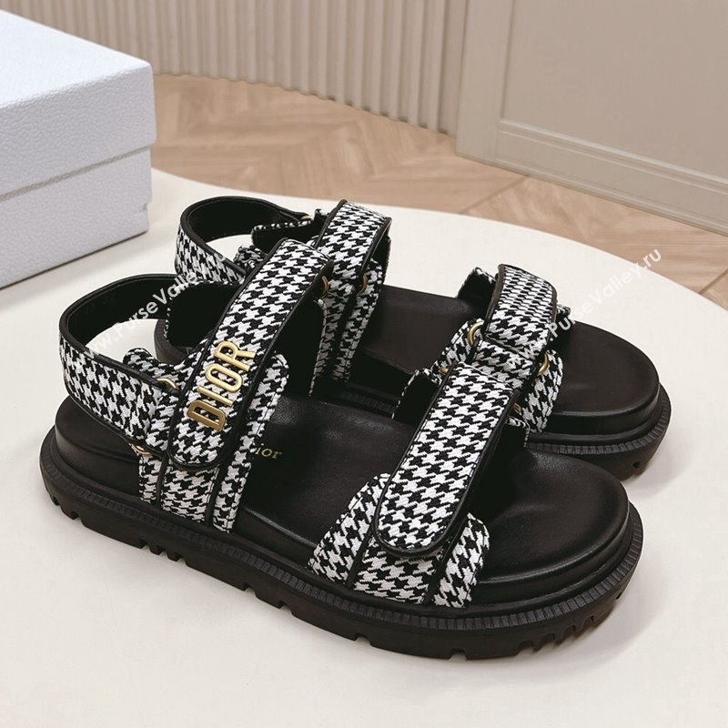 Dior Dioract Flat Strap Sandal in Black and White Houndstooth Embroidery 2024 (MD-240226059)