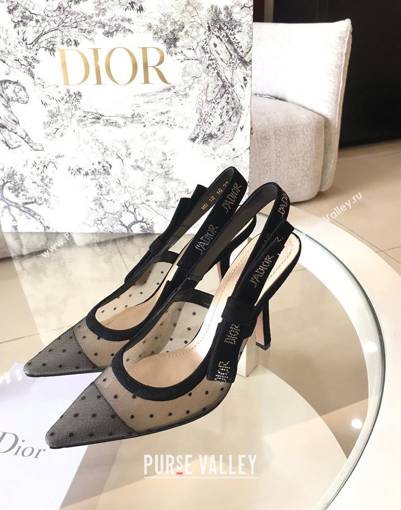 Dior JAdior Slingback Pumps/Ballet Flat in Dotted Mesh with Crystals Black 2024 (SS-240325146)