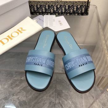 Dior Dway Flat Slide Sandals in Calfskin and Embroidered Cotton Blue 2024 0326 (MD-240326003)