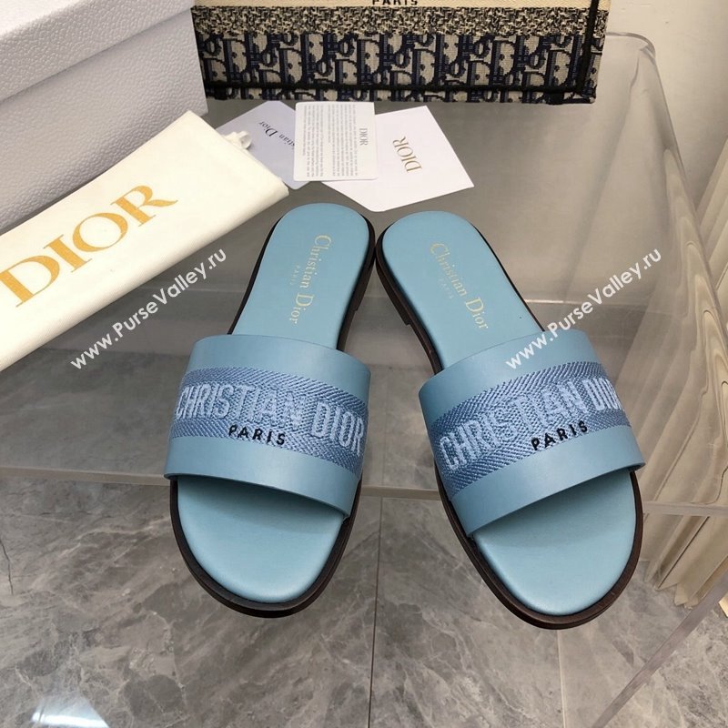 Dior Dway Flat Slide Sandals in Calfskin and Embroidered Cotton Blue 2024 0326 (MD-240326003)