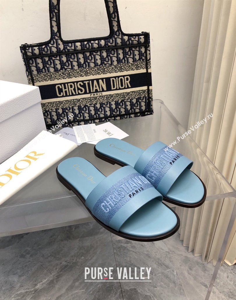 Dior Dway Flat Slide Sandals in Calfskin and Embroidered Cotton Blue 2024 0326 (MD-240326003)