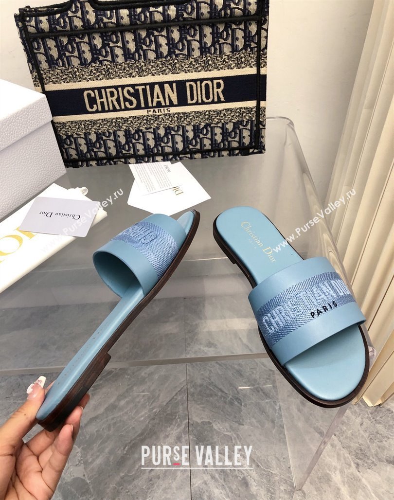 Dior Dway Flat Slide Sandals in Calfskin and Embroidered Cotton Blue 2024 0326 (MD-240326003)