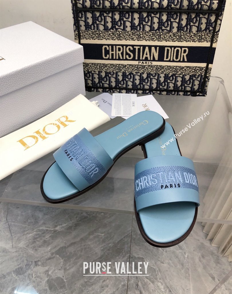 Dior Dway Flat Slide Sandals in Calfskin and Embroidered Cotton Blue 2024 0326 (MD-240326003)