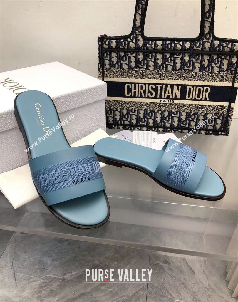 Dior Dway Flat Slide Sandals in Calfskin and Embroidered Cotton Blue 2024 0326 (MD-240326003)