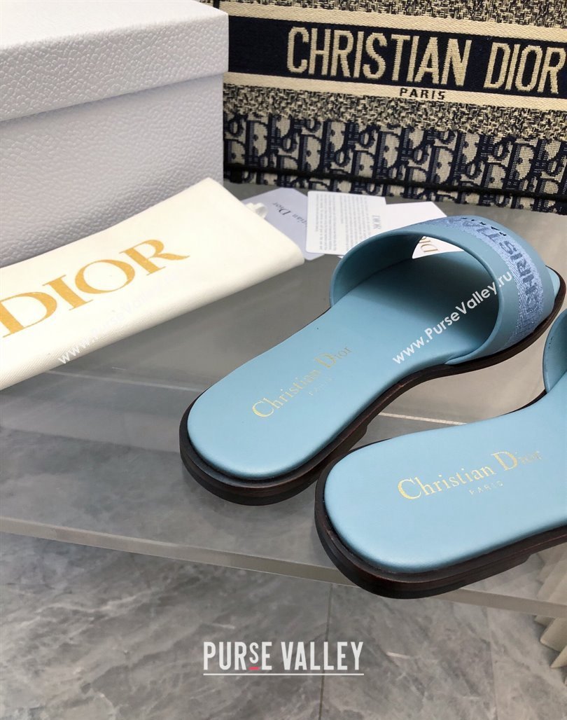 Dior Dway Flat Slide Sandals in Calfskin and Embroidered Cotton Blue 2024 0326 (MD-240326003)