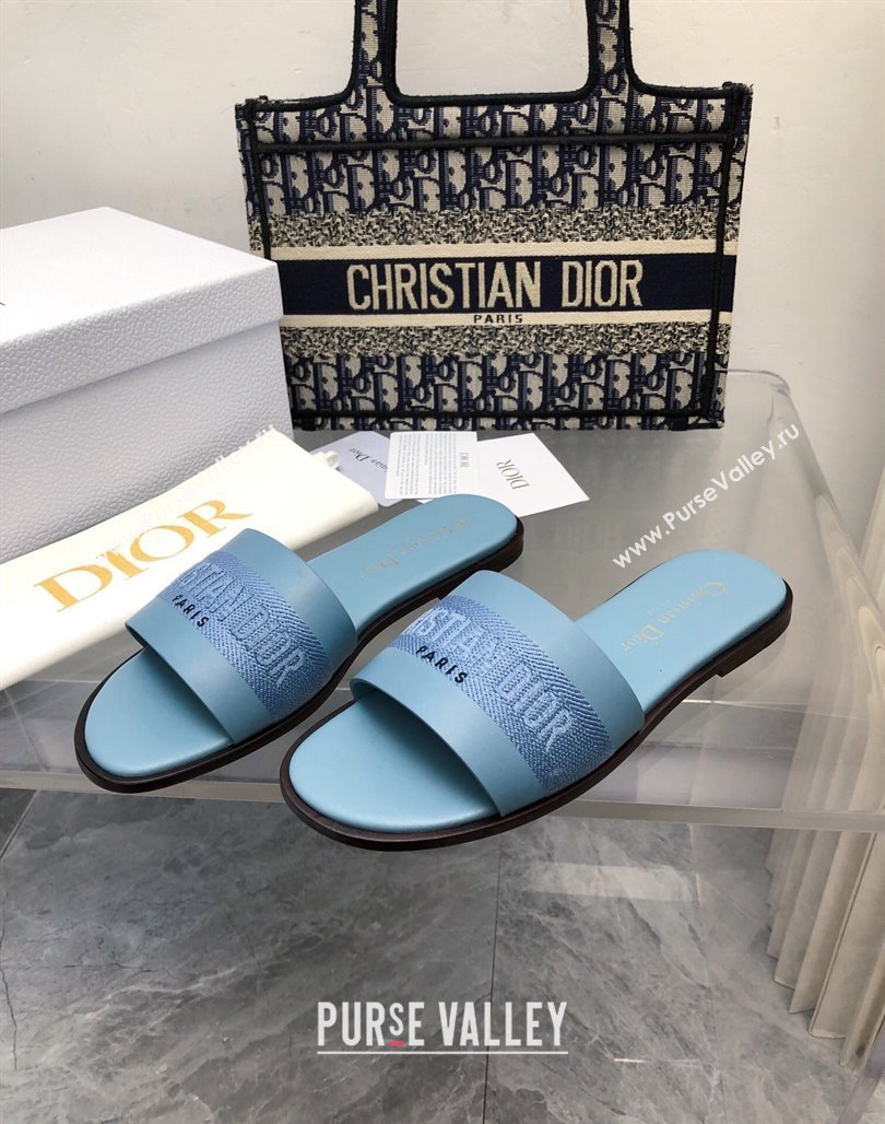 Dior Dway Flat Slide Sandals in Calfskin and Embroidered Cotton Blue 2024 0326 (MD-240326003)