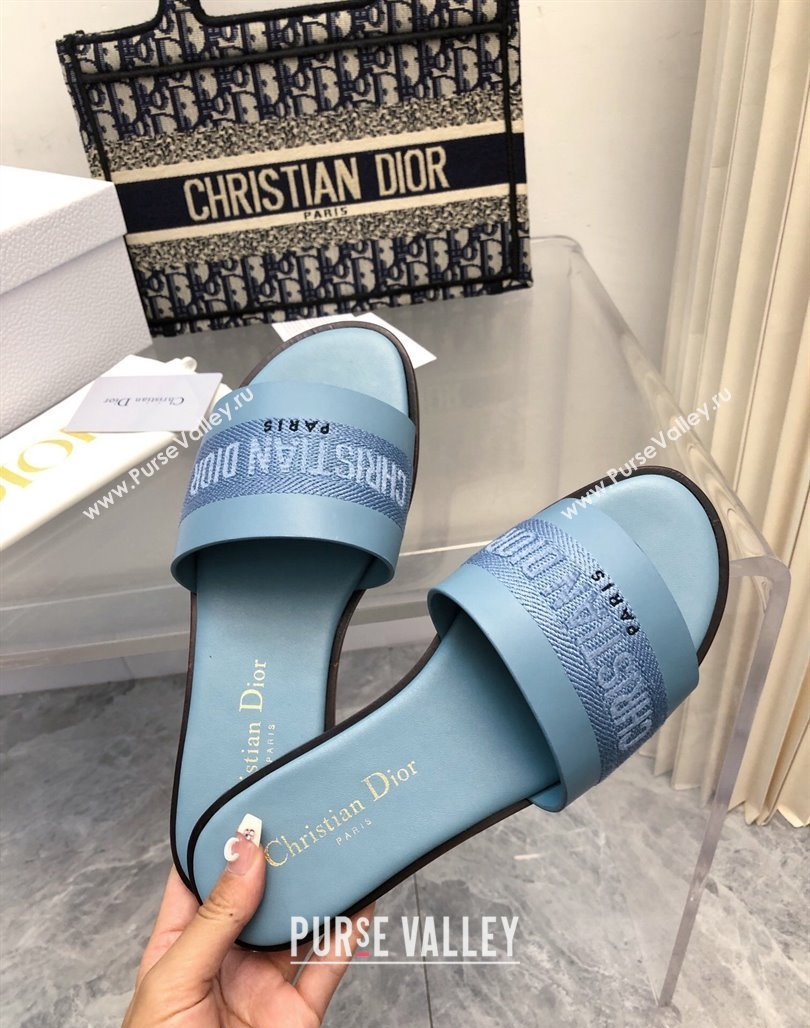 Dior Dway Flat Slide Sandals in Calfskin and Embroidered Cotton Blue 2024 0326 (MD-240326003)