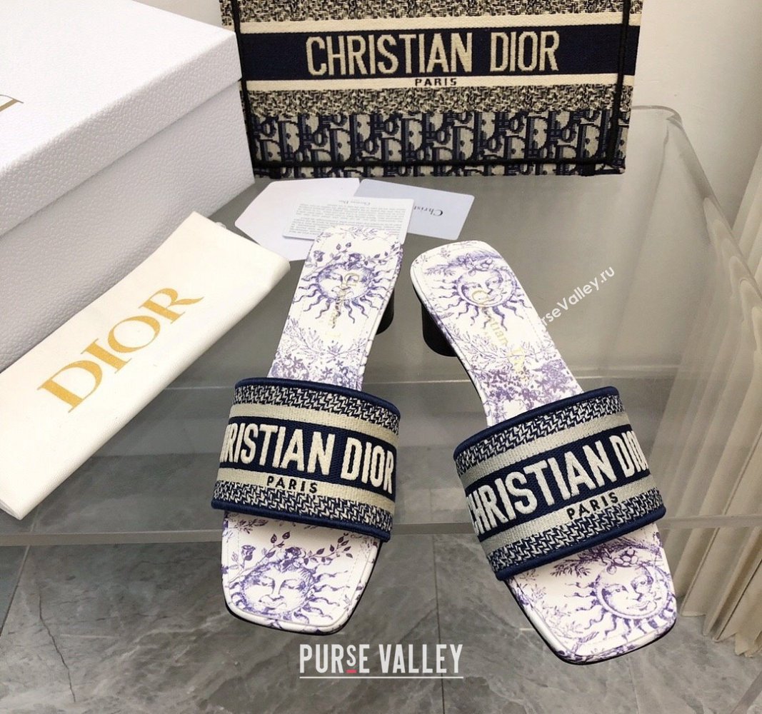 Dior Dway Heel Slide Sandals 3.5cm in Embroidered Cotton and White and Blue Toile de Jouy Soleil Motif 2024 0326 (MD-240326008)