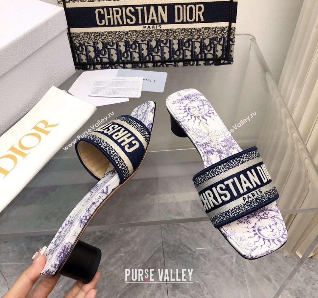 Dior Dway Heel Slide Sandals 3.5cm in Embroidered Cotton and White and Blue Toile de Jouy Soleil Motif 2024 0326 (MD-240326008)