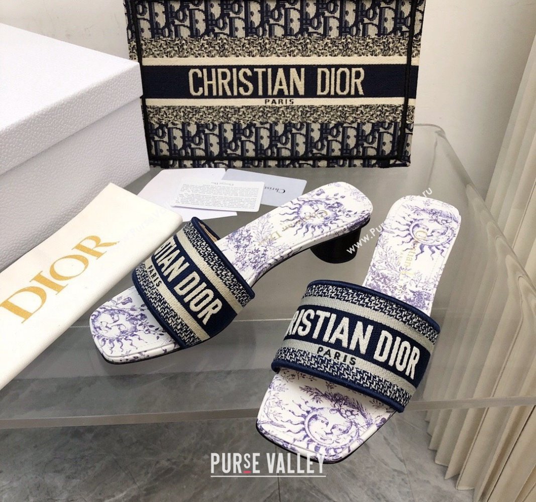 Dior Dway Heel Slide Sandals 3.5cm in Embroidered Cotton and White and Blue Toile de Jouy Soleil Motif 2024 0326 (MD-240326008)