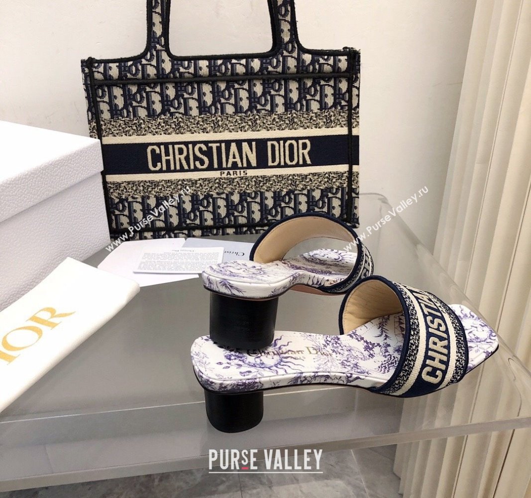 Dior Dway Heel Slide Sandals 3.5cm in Embroidered Cotton and White and Blue Toile de Jouy Soleil Motif 2024 0326 (MD-240326008)