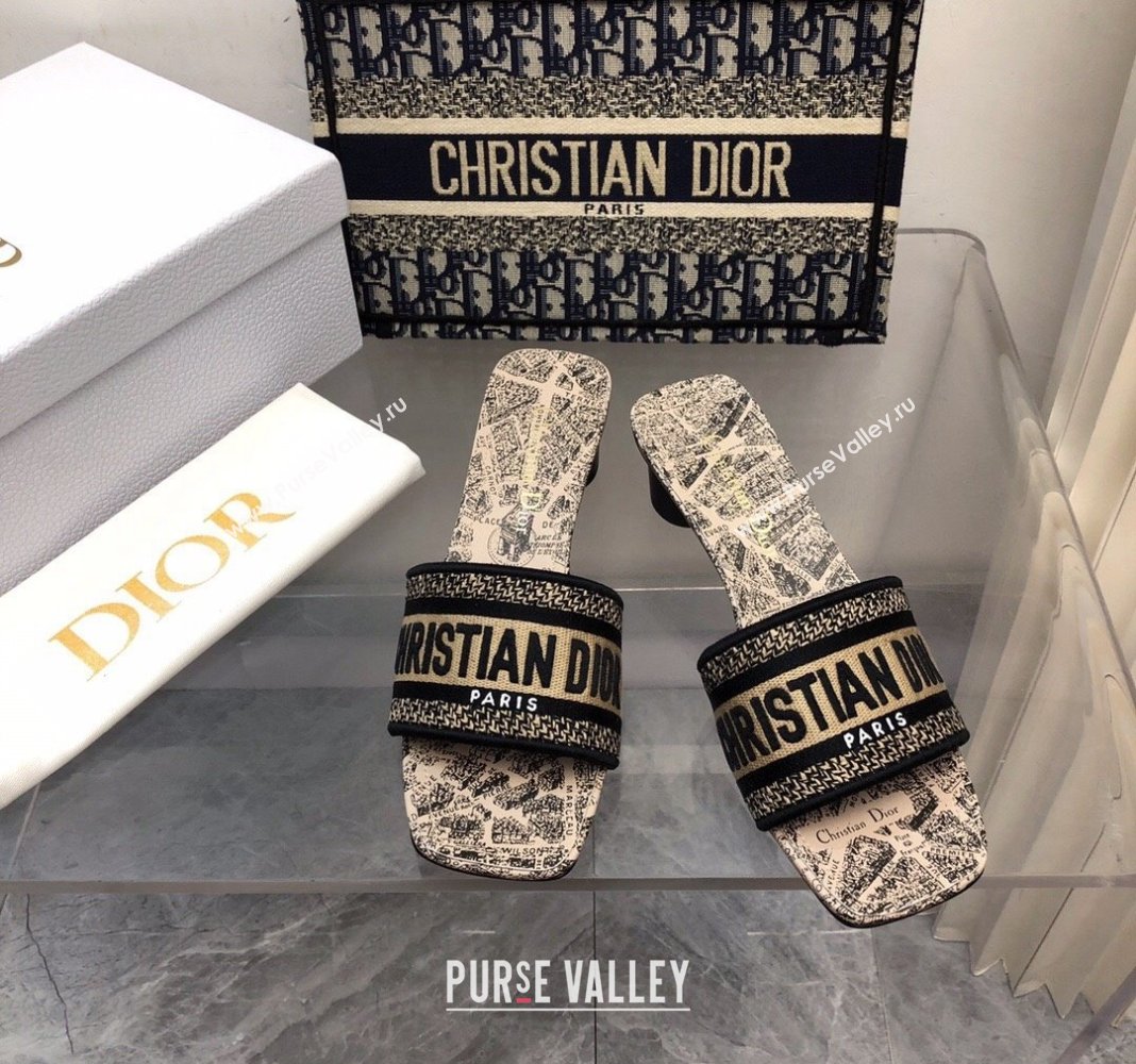 Dior Dway Heel Slide Sandals 3.5cm in Beige and Black Cotton Embroidered with Plan de Paris Motif 2024 (MD-240326011)