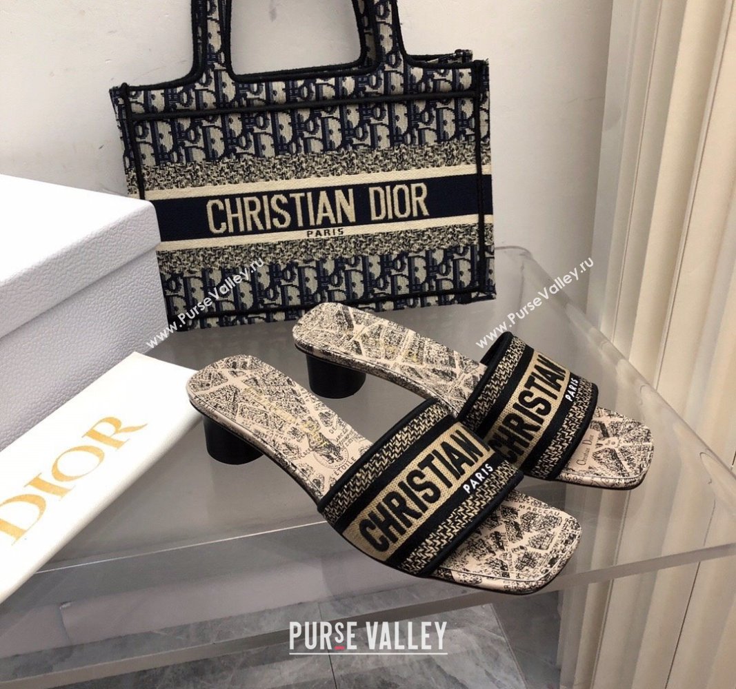 Dior Dway Heel Slide Sandals 3.5cm in Beige and Black Cotton Embroidered with Plan de Paris Motif 2024 (MD-240326011)