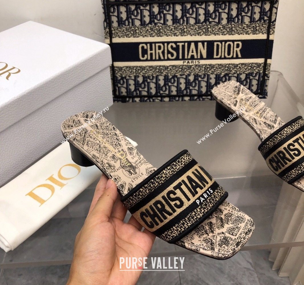 Dior Dway Heel Slide Sandals 3.5cm in Beige and Black Cotton Embroidered with Plan de Paris Motif 2024 (MD-240326011)