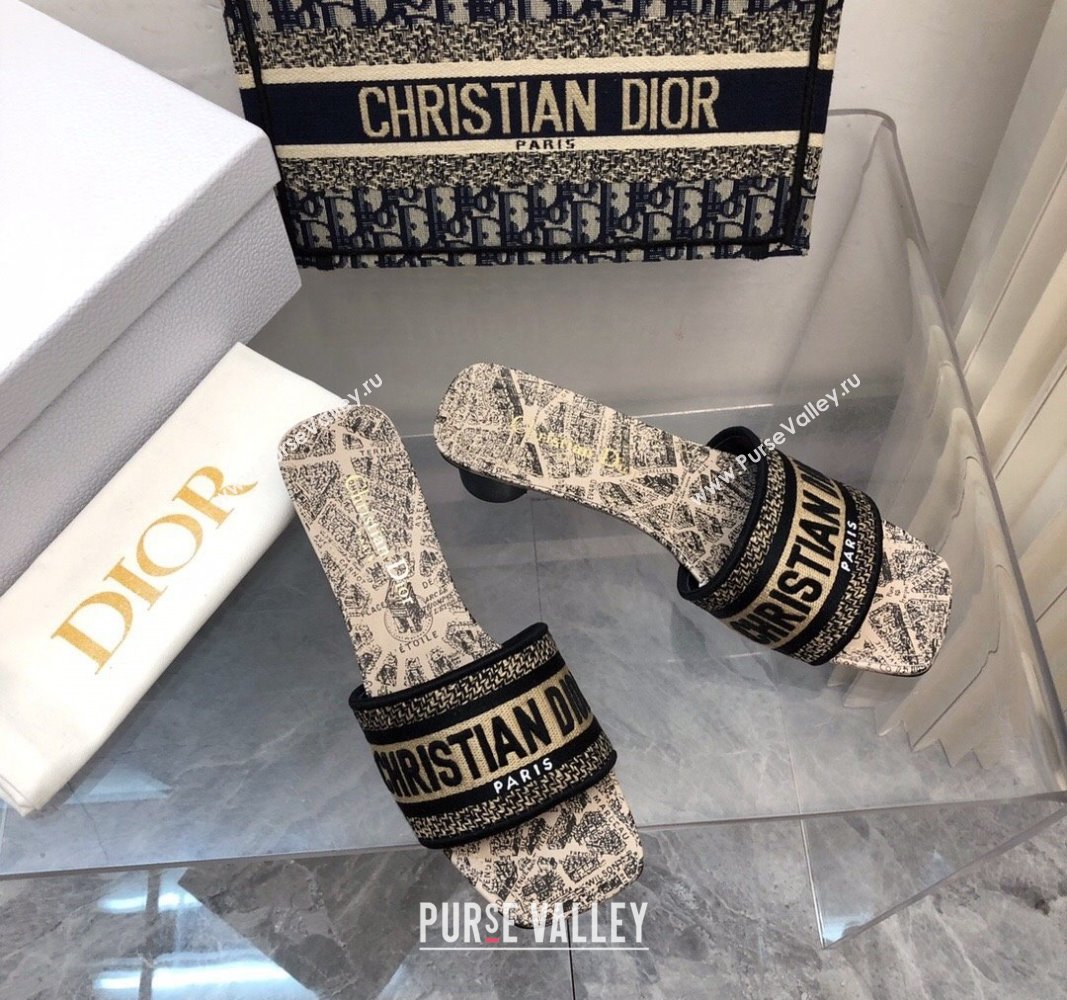 Dior Dway Heel Slide Sandals 3.5cm in Beige and Black Cotton Embroidered with Plan de Paris Motif 2024 (MD-240326011)